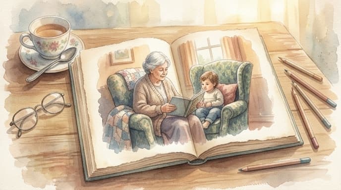 A watercolor illustration of a grandmother and child walking through a meadow